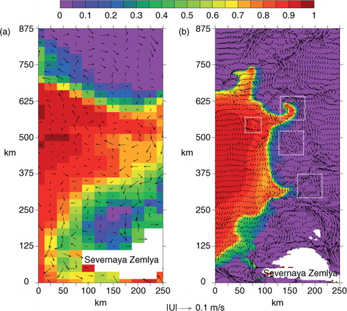 Fig. 12  A snapshot of ice–eddy interaction, sea-ice concentration (colour) and top 100-m average ocean current (vectors) on 1 October 2005 north of the Severnaya Zemlya islands from (a) the whole-Arctic model with a coarser grid (about 25 km) and (b) the regional model with a finer grid (about 2.5 km). Dashed rectangles show some of the mesoscale eddy locations.