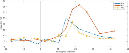 Figure 4. Development of the relative amounts of plasma γ-globulins in parrots P10, P11 and P12 from 18 weeks a.i. to 42 weeks p.i.