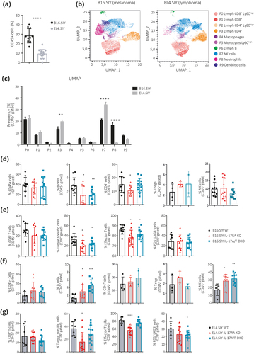 Figure 3. Defective host IL-17 signaling affects tumor-specific CD8+ T cell immunity and alters tumor-infiltrating subpopulations in a tumor type-dependent manner.