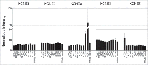 Figure 2 KCNE expression in human leukocytic cell lines. Array data from GNF BioGPS (http://biogps.gnf.org) normalized according to Su et al.Citation31 Legend: CD34, bone marrow CD34+ progenitors; CD105, endothelial; X212, B lymphoblasts; CD19, B cells; BDCA4, dendritic cells; CD8, CD8+ Tcells; CD4, CD4+ T-cells; CD56, NK cells; CD33, myeloid; CD14, monocytes.