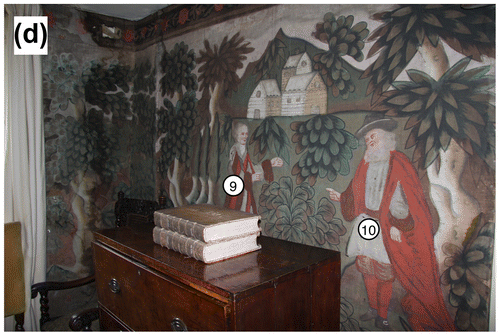 Fig. 9d. Human figures 9–10, Painted cloth, Queen Margaret’s Chamber, Owlpen Manor, Gloucestershire, early eighteenth century, right-hand wall from door.