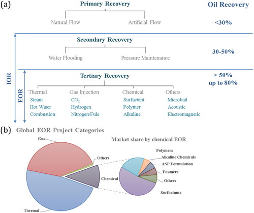 Figure 1. (a) Oil production classification, adapted from Ref.[Citation7] (b) EOR projects, globally, as mentioned in Ref.[Citation8]