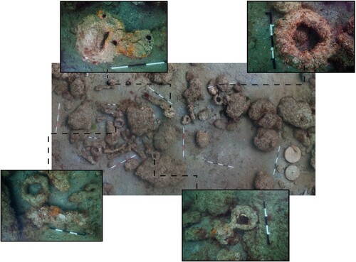 Figure 36. Orthophoto mosaic showing the cluster of deadeye shrouds and chain plates alongside photographs of individual deadeye shrouds and chain plates. Scales are 1 m with 20 cm increments and 50 cm with 10 cm increments (survey, photographs and mosaic produced by Daniel Pascoe).