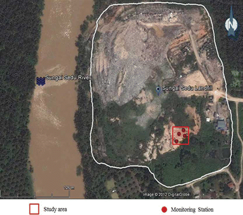 Figure 1. Aerial view of the Sungai Sedu landfill indicating the location of the study area and monitoring stations.