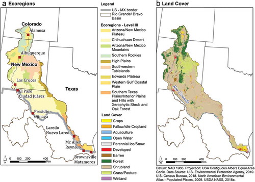 Figure 1. Map of the study area. Panel A displays the ecoregions for the study area. Panel B shows the land-cover patterns in 2018 from the CDL