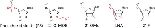 Figure 1. Modification of nucleic acids. O-MOE is O-(2-Methoxyethyl); OMe is O-Methyl; LNA is locked nucleic acid; F is Fluoro.