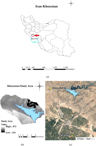 Figure 1. The locations of the study areas: (a) the location of the study area in Iran and Khuzestan province, (b) elevations overlooking the lake (m), and (c) the locations of Hosseinieh and Safi Abad synoptic stations in relation to Dez Dam Lake.