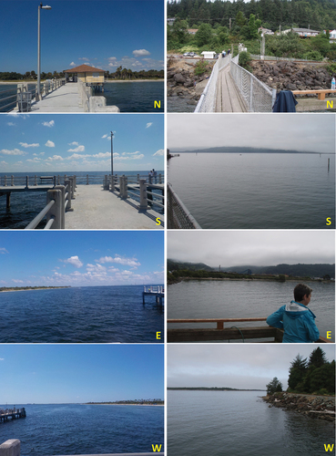 Figure 4. Photographs taken during onsite assessments at two stations from different estuaries but within the same station group Beta. The station groupings were based on the degree of similarity in the natural and human-made attributes present. Left panel photographs are from Tampa station E1; right panel photographs were taken at Tillamook station B3.