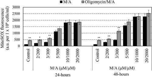 Figure 4. Effect of oligomycin-A (100 ng/mL) on the mitochondrial superoxide of M/A-treated leukaemic lymphocytes (Jurkat) after 24 h and 48 h of incubation in humidified atmosphere. Data are means ± SD from three independent experiments with two parallel measurements for each experiment. *p < 0.05, **p < 0.01: oligomycin/M/A-treated versus the respective M/A-treated cells or oligomycin-treated sample versus the untreated cells (control).