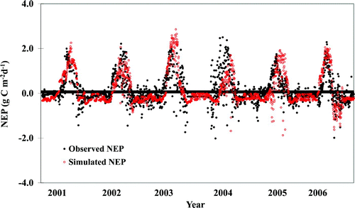 Fig. 5 Temporal trend and comparison of daily observed and CLASS3W-MWM simulated NEP for 2001–06 for DS (the filled black circles show the observed NEP, and the open red circles show the CLASS3W-MWM simulated NEP).