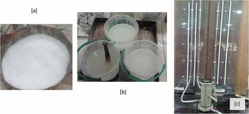 Figure 6. [a] Magnesium sulphate, [b] Solutions prepared for soundness test, and [c] Constant head permeability test set-up used