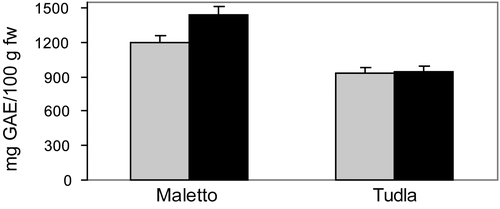 Figure 1.  Concentration of phenolic compounds (mg GAE/100 g fw) in Maletto and Tudla strawberries grown in a mixture of silt-clay soil (gray bar) and in volcanic soil (black bar). Means with error bars are reported. The experiments were carried out in triplicate and repeated at least twice, significantly different by ANOVA with p <0.05.