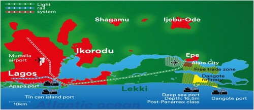 Figure 1. Map of Lekki showing Dangote Refinery and key infrastructural landmarks. Source: FrankvEck -, CC BY-SA 4.0 https://commons.wikimedia.org/w/index.php?curid=119425345.