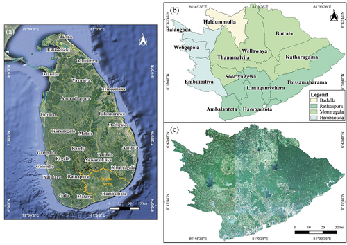 Figure 5. Location of the study area: (a) District map of Sri Lanka; (b) Divisional secretary’s divisions of the study area; (c) Sentinel-2 image mosaic of the study area. Coordinate reference system (CRS) (WGS 84/UTM zone 44N).