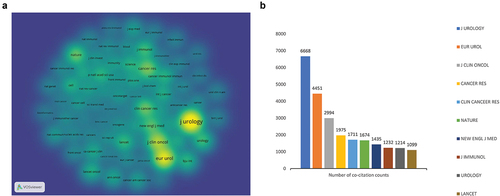 Figure 6. Bibliometric analysis of co-cited journals in the field of BC immunotherapy. (a) Density visualization map of co-cited journals in the field of BC immunotherapy. (b) Top 10 main co-cited journals related to BC immunotherapy.