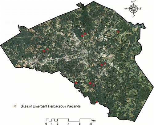 Figure 3. Sites of emergent herbaceous wetlands in Athens-Clarke County, Georgia.