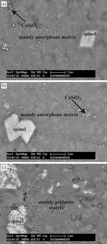 Figure 7. Backscattered electron micrographs of glass-ceramics. (a) GCPB; GCBG at (b) 850 °C; (c) 1050 °C.