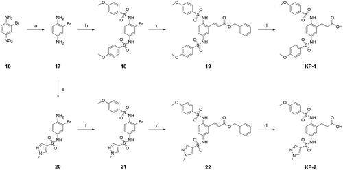 Scheme 2. Synthetic routes of compounds KP-1 and KP-2. Reagents and conditions: (a). Iron powder (4.5 equiv.), HCl (conc.), ethanol, 80 °C, 2 h; (b). 4-Methoxybenzenesulfonyl chloride (2 equiv.), THF, Et3N, rt, overnight; (c). Benzyl acrylate (10 equiv.), palladium (II) acetate (0.1 equiv.), XPhos (0.2 equiv.), N, N-diisopropylethylamine (2 equiv.), DMF, 100 °C, 24 h; (d). 10% Palladium on charcoal, ethanol, H2, rt, 16 h; (e). 1-Methyl-1H-pyrazole-4-sulphonyl chloride (1.1 equiv.), THF, pyridine, rt, 8 h; (f). 4-Methoxybenzenesulfonyl chloride (1.1 equiv.), CH2Cl2, Et3N, rt, 10 h.