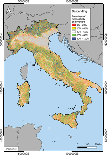 Figure A4. Percentage of measurability map of the Italian Peninsula, descending geometry.
