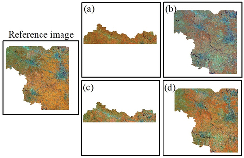 Figure 6. Reference image, target images, and images with improved HM method. (a,c) the target image (a) and improved HM-based result (c) on September 4, 2020. (b,d) the target image (b) and improved HM-based result (d) on July 31, 2021. The selection R/G/B of Sentinel-2 images were NNIR/SWIR1/RE1.