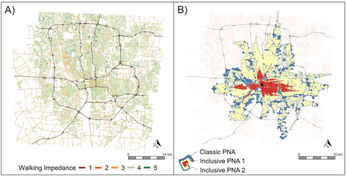 Figure 5. (A) Predicted walking impedance scores and (B) classic and inclusive potential network area (PNA) for a representative traveler (White woman in late twenties with moderate income and working full time) who is less sensitive to the travel environment.