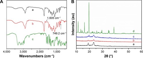 Figure 4 FTIR and XRD analysis.Notes: (A) FTIR spectra of (a) ZNS-M, (b) blank M and (c) free ZNS. (B) XRD patterns of (a) ZNS-M, (b) blank M, (c) free ZNS and (d) free ZNS mixture with blank M powder.Abbreviations: FTIR, Fourier transform infrared; XRD, X-ray diffraction; M, micelles; ZNS, zonisamide; ZNS-M, zonisamide micelles.