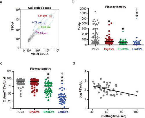 Figure 1. Platelet-derived EVs are most abundant in PAD patients. (a) Gate definition for flow cytometry analysis on platelet free-plasma using the violet side scatter (Violet-SSC) against the regular SSC. The gate was established using calibrated beads ranging from 250 nm to 1.34 µm. (b) The number and cellular origin of EVs was measured in platelet-free plasma of PAD patients by flow cytometry (n = 45). Specific antibodies for: platelets (PEVs, anti-CD41/CD61 in grey), erythrocytes (EryEVs, anti-CD235a in red), endothelial cells (EndEVs, anti-CD62E in green), and leukocytes (LeuEVs, anti-CD11b in blue) were used. Platelet derived EVs were most abundant followed by erythrocyte, endothelial and leukocyte derived EVs. Data are presented as EVs/µL. (c) Combined flow cytometry analysis for EVs cellular origin and Annexin V staining in platelet-free plasma of PAD patients. Annexin V percentage was calculated for each EVs subpopulation based on the total number of platelet, erythrocyte, endothelial and leukocyte EVs numbers respectively. (d) Correlation between the clotting time of platelet-free plasma, measured by the Procoag-PPL kit, and the number of platelet-derived EVs (PEVs, log transformed) in PAD patients (n = 43). *p < 0.01 vs. PEVs. #p < 0.01 vs. EryEVs. †p < 0.01 vs. EndEVs.