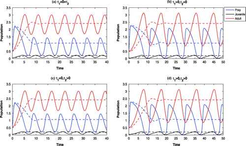 Figure 9. Time evolution of the populations for m2=0 and other parameter values in Table 1. All the systems are oscillatory around E∗ (solid). For m2=0 and h=0.55, other parameter values in Table 1, all the systems are LAS at E∗ (dotted).