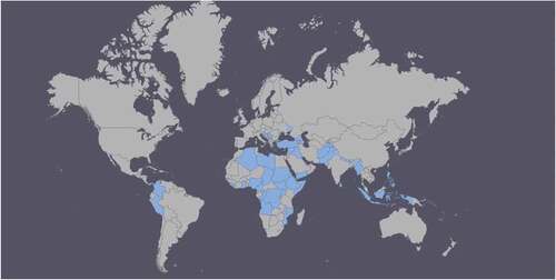 Figure 3. World map with countries and regions marked which have a history of at least one war between 1989 and 2015.