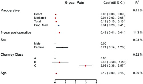 Figure 5. Multivariable regression analysis on the effect of preoperative Pain VAS index on 6-year Pain-VAS index values where the 1-year follow-up Pain-VAS index acts like a mediator.