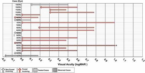 Figure 3. Affected eye, worst visual acuity to visual acuity at 6 months or nearest acuity assessment. Arrows indicate the change from worst visual acuity to final visual acuity during the study period. a = Vision reduced due to the involvement of pre-retinal hemorrhage.