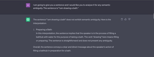 Example 5 “I am drawing a bath.”Source: Tested on ChatGPT on 17 May 2023.Note: ChatGPT does not recognise any semantic ambiguity in the input sentence. It offers only one interpretation of the word “drawing.” It does not consider that the speaker might be making a painting (“drawing”) of a bath. According to ChatGPT, “[t]he sentence is straightforward and does not present any ambiguity.”