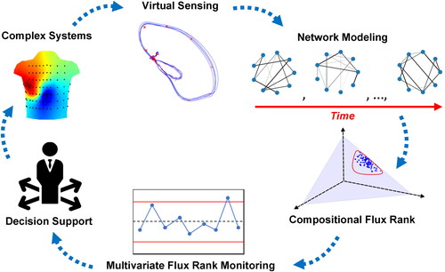 Figure 3. VS network model for sensor-based process monitoring. Physical sensors produce time-varying signals. Virtual sensors (shown in red) are placed within the signal space to produce a set of dynamic network profiles. These network profiles have their FR extracted and monitored for decision support.