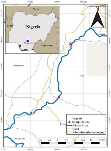 Figure 1. Map of River Adada indicating sampling stations. Station A (upstream or S1), station B (mid-stream or S2), station C (downstream or S3).