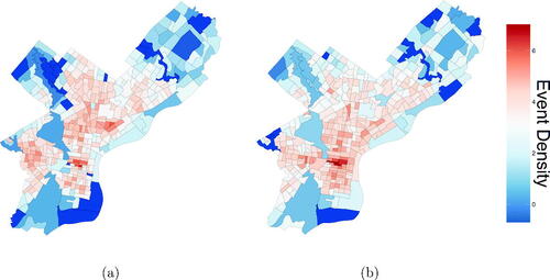 Fig. 2 Transformed densities of reported (a) violent and (b) nonviolent crimes in each census tract in Philadelphia in October 2018.