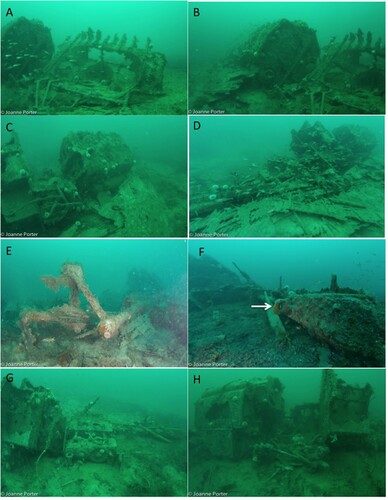 Figure 4. (A) View of the bow section with boiler in background, from off starboard side. B) Closer view of the boiler from starboard side. (C) View of the back of the boiler and the fallen away hull plates, taken from starboard side. (D) Closer view of the midships section showing remains of the double diagonal hull plates. (E) View of the propeller shaft, a frame and hub of the propeller (propeller was salvaged), taken from the stern. (F) View of the lifting eye, one of two used to bring the pinnace back on board the mother vessel when not being used, taken from the stern looking along the portside. (G) View of the midships area of portside showing the propeller shaft meeting the engine block (H) View from the portside of the area connecting between the engine, fuel tank; the boiler (now fallen over) is positioned towards the left of the image and has a large hole in the outer casing (Authors).