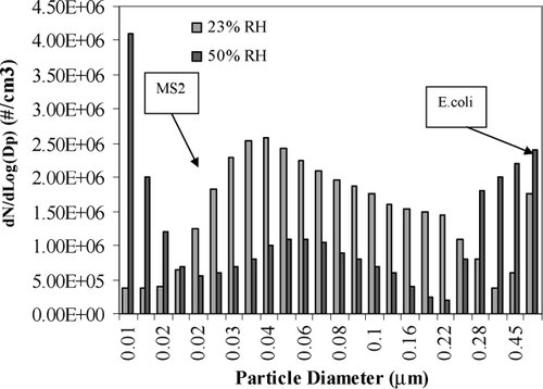 FIG. 2 Mixed E. coli and MS2 size distribution right before captured by tested filters at 23% and 50% RH.