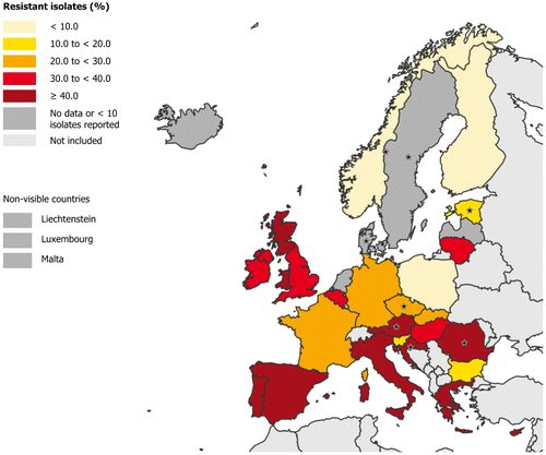 Figure 1 Percentage of Staphylococcus aureus isolates resistant to meticillin (MRSA) in HAIs in acute care hospitals, ECDC PPS 2011–2012