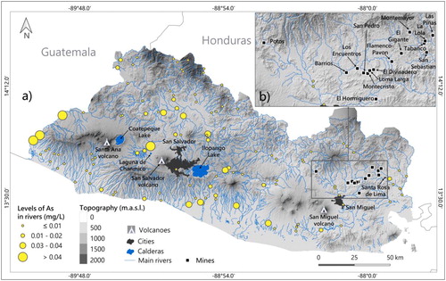 Figure 3. Arsenic in rivers of El Salvador (after Mejía López, Citation2019). Data from MARN (Citation2017). Insert represents the mined region of El Salvador and the rivers affected by mine contamination.