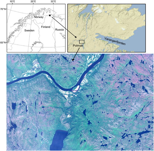 Figure 1. A true color Sentinel-2 image (July 26, 2017) of the Polmak study site, and maps showing its location on the Norwegian-Finnish border.