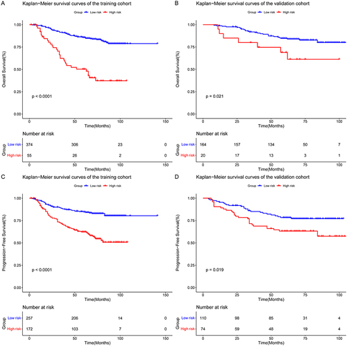 Figure 5 Kaplan–Meier plots for two different risk groups according to OS (A and B) and PFS (C and D) nomogram in the training and validation cohorts.