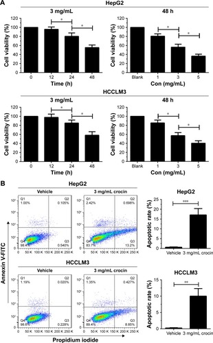 Figure 1 Crocin inhibited growth and induced apoptosis of HepG2 and HCCLM3 cells.