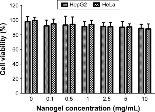Figure 5 Cell viability of HeLa and HepG2 cells after exposure to the blank nanogels at various concentrations.