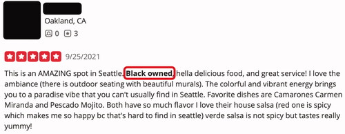 Figure 2 Yelp review that mentions the Black ownership of the restaurant.