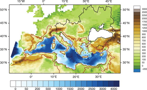 Fig. 2 ALADIN-Climate land–sea mask and orography (in m) for the Med-CORDEX domain, and NEMOMED8 bathymetry (in m). The drainage areas of the Black Sea (in black) and of the Mediterranean Sea (in red, cut North of 26°N, without the Nile basin) are contoured.