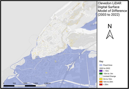 Figure 11. Clevedon LiDAR 2003 to 2022 DSM comparison (OpenStreetMap).