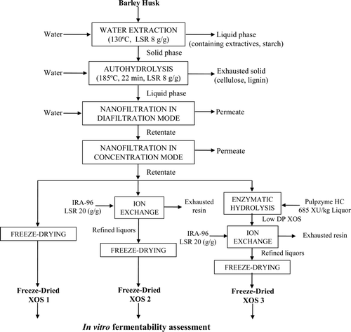 Supplementary Figure 2. Processing scheme for the purification of XOS from barley husks wastes (modified from Gullón, González-Muñoz, and Parajó, Citation2011). Figura adicional 2. Esquema del proceso para la purificación de xilooligosacáridos (XOS) de residuos de cáscaras de cebada (modificado de Gullón, González-Muñoz, & Parajó, 2011).