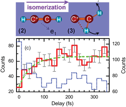 Figure 8. Sketch of the isomerization reaction of an acetylene cation created by XUV ionization. The bottom panel shows the yield of C+ and CH2+ fragments detected in coincidence (solid red line) after a second XUV pulse ionizes the molecule a second time. The dashed green line is a fit of an exponential function to the data, and the dotted blue line shows the yield of C2+ and C2+ fragments detected in coincidence (right y axis), which represents an autocorrelation signal. Figure adapted from [Citation109].