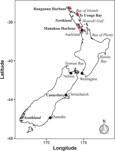 Figure 1. Map of New Zealand highlighting sites where planktonic dinoflagellates referred to in this study were collected.