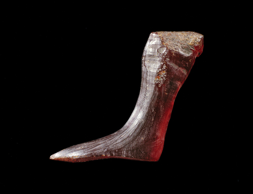 Fig. 1. A Viking Age amber foot (C52519/15942) from Kaupang (measuring 3 x 2.3 x 0.75 cm). © Museum of Cultural History, University of Oslo, CC BY-SA 4.0.